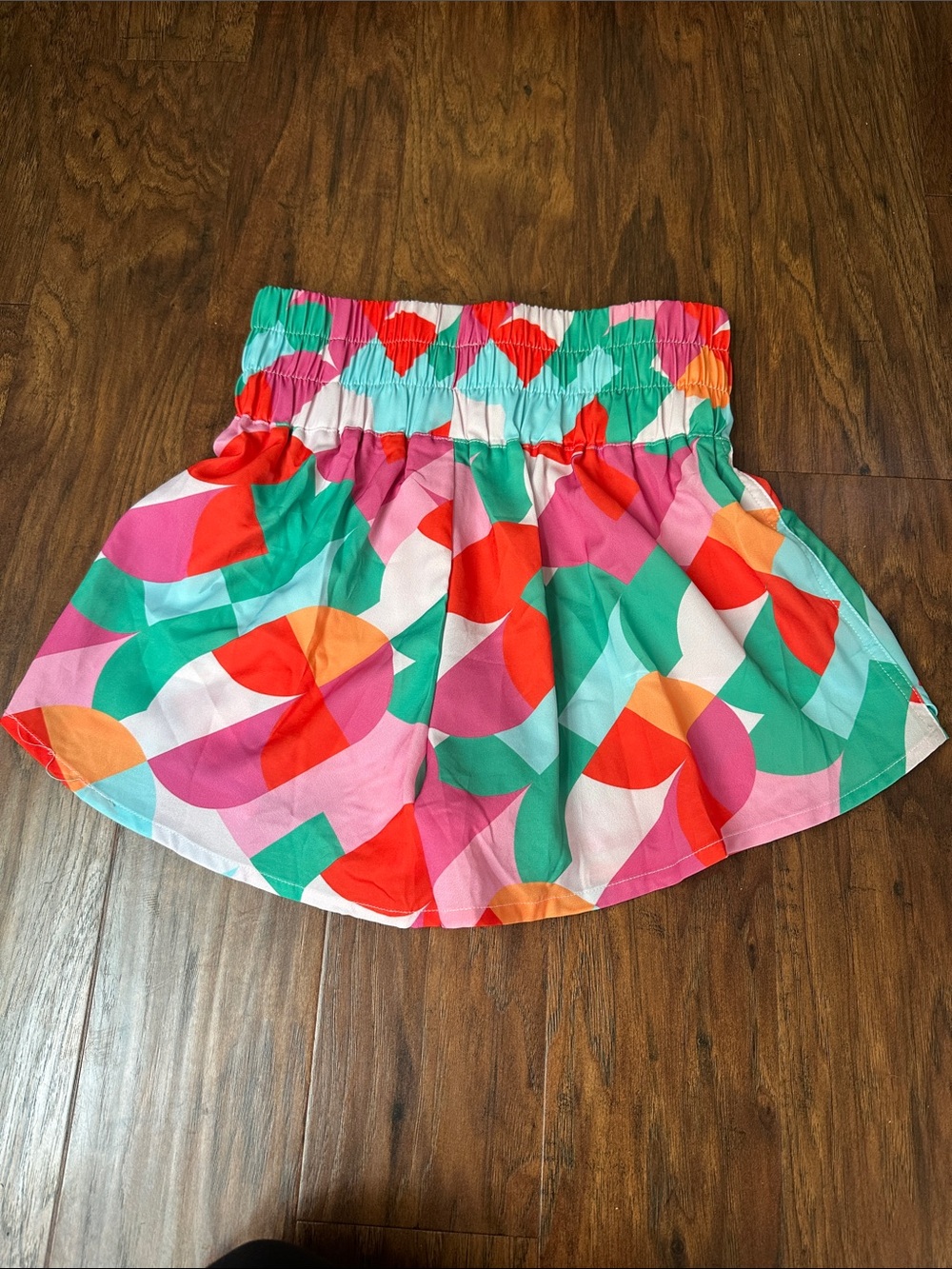 Playful Geometric Elastic-Waist Skater Skirt - Pink, Green & Orange